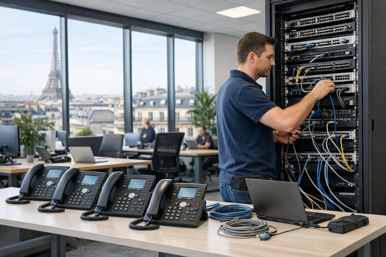 Installation d’une téléphonie IP en entreprise Technicien installant des postes téléphoniques IP dans un bureau d'entreprise