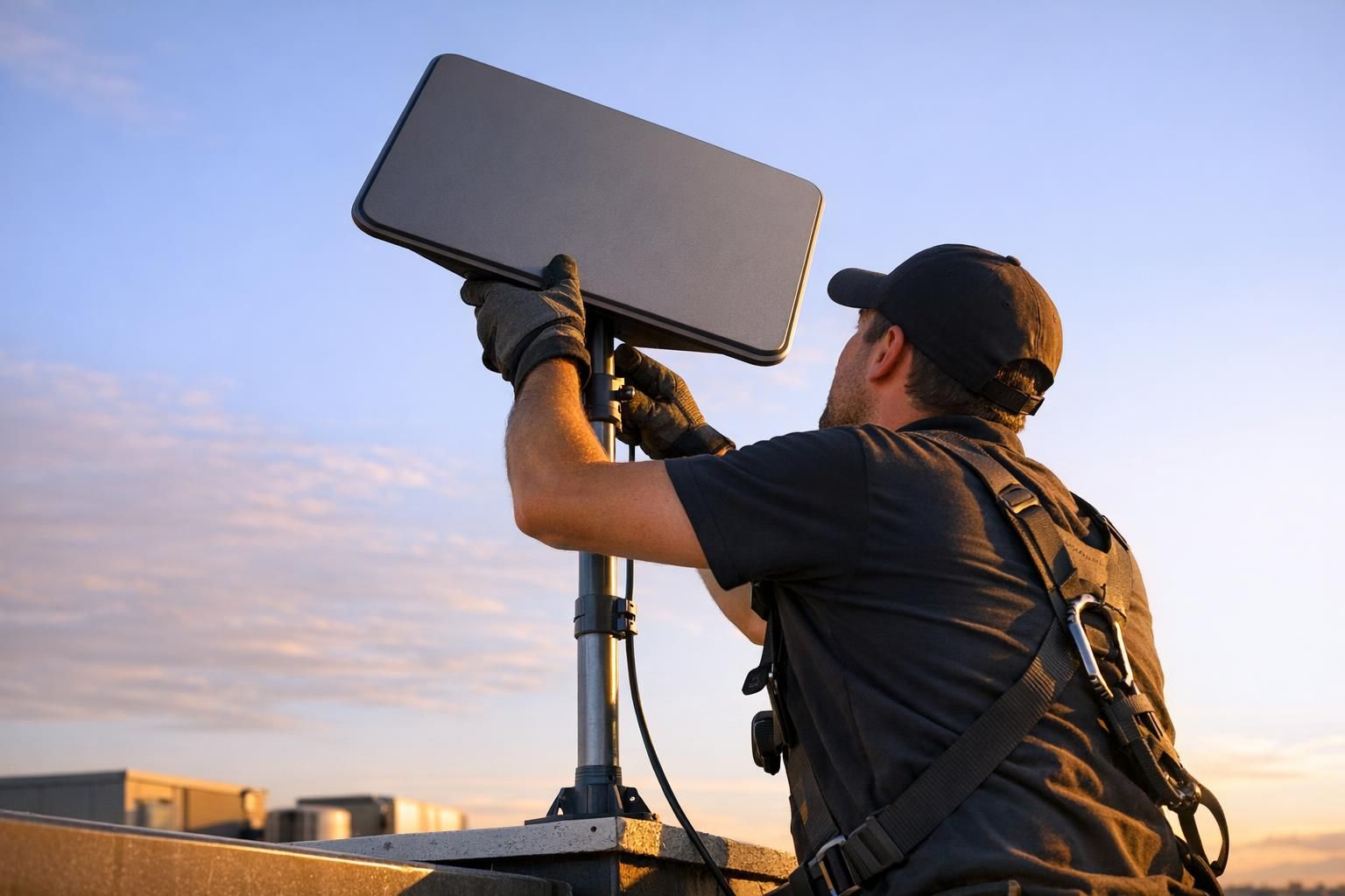 Technicien fixant une antenne Starlink sur un mât en toiture