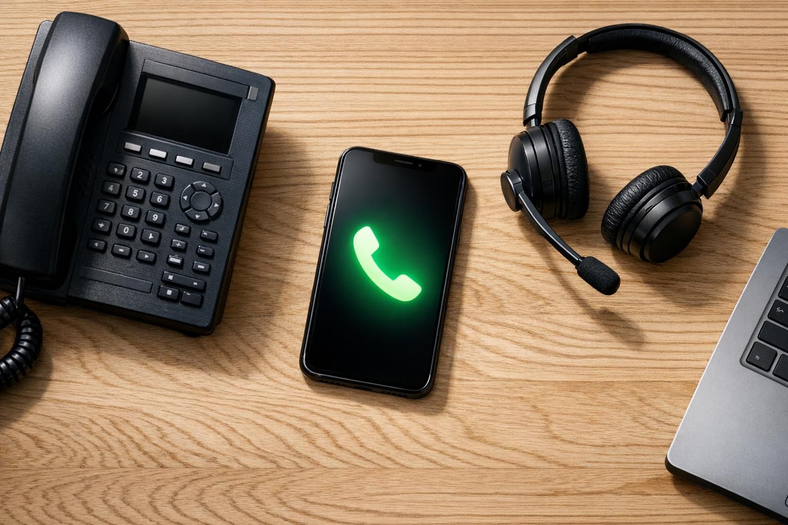 Smartphone, poste IP et casque recevant les appels d'un même numéro virtuel