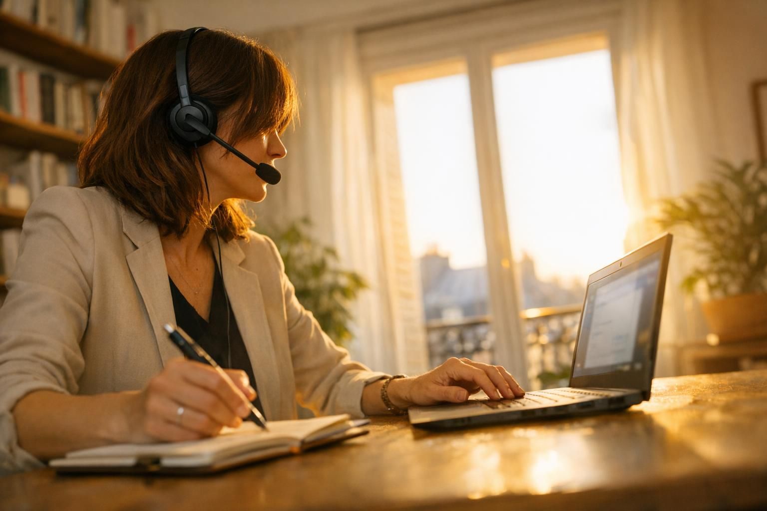 Collaboratrice en télétravail prenant un appel professionnel sur son ordinateur avec casque