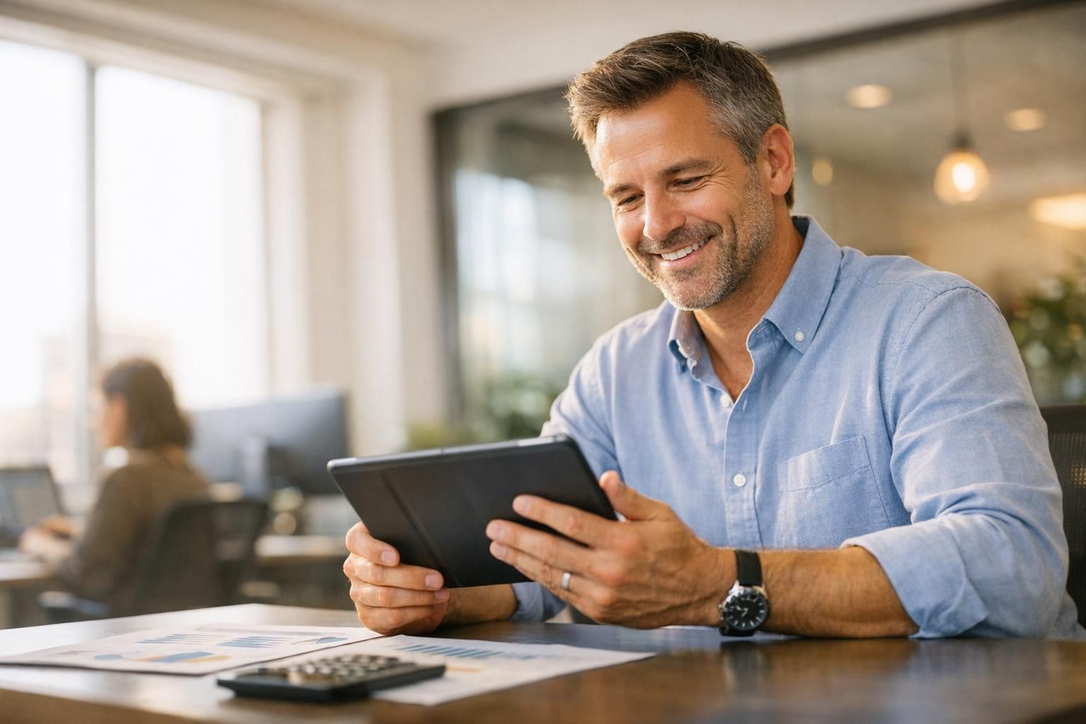 Dirigeant de PME analysant son budget télécom sur une tablette dans un bureau lumineux