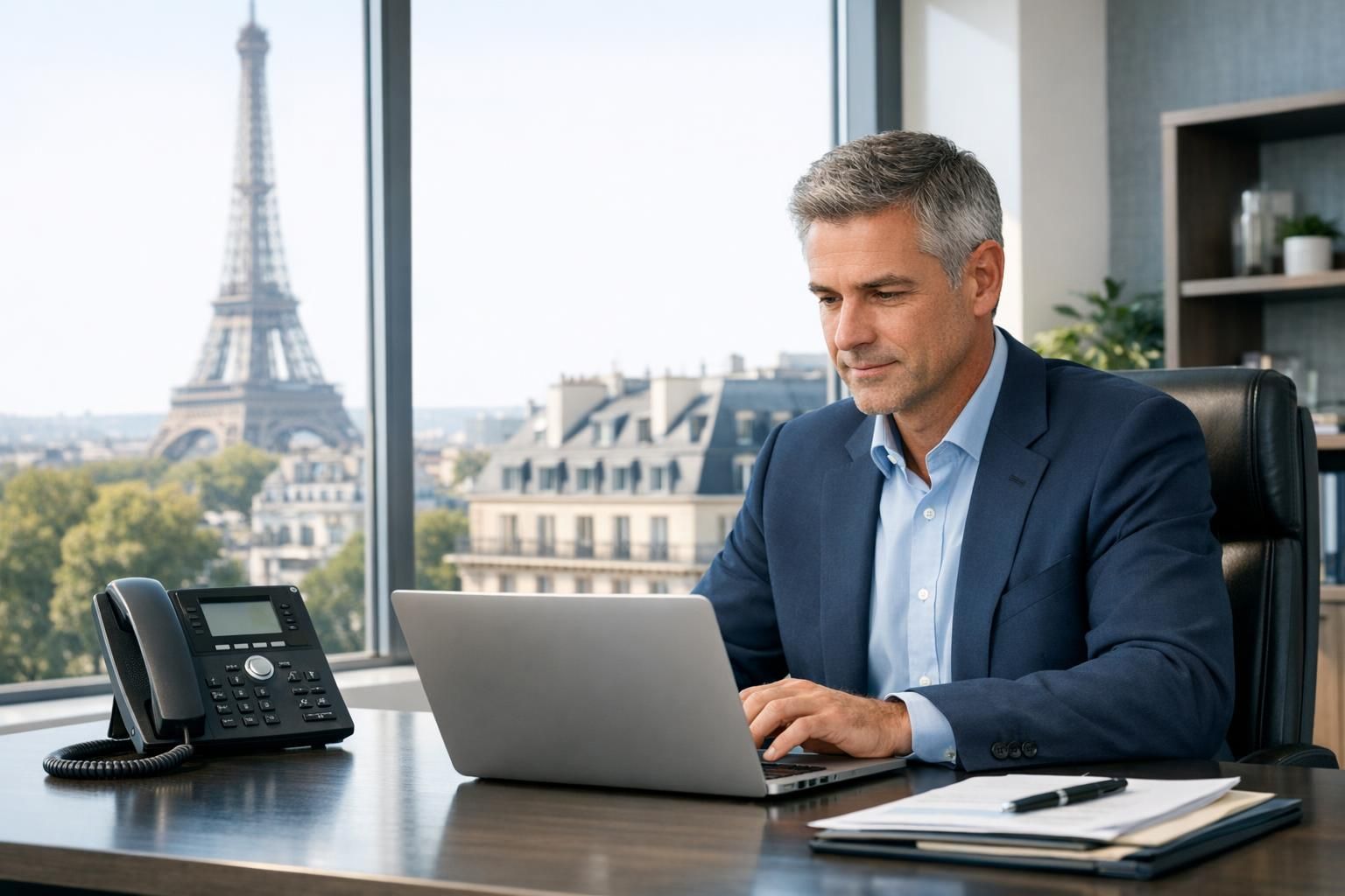 Prix de la téléphonie IP en entreprise Dirigeant analysant le budget de téléphonie IP à côté d'un téléphone de bureau