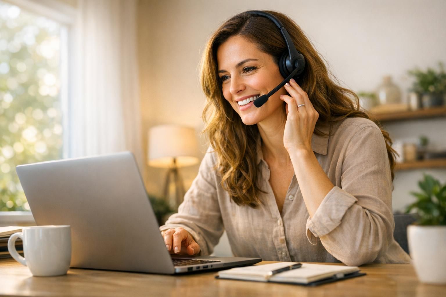 Salariée en télétravail passant un appel professionnel via un softphone