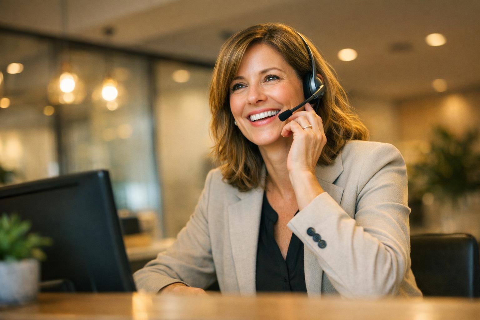 Office manager assurant l'accueil téléphonique avec un casque
