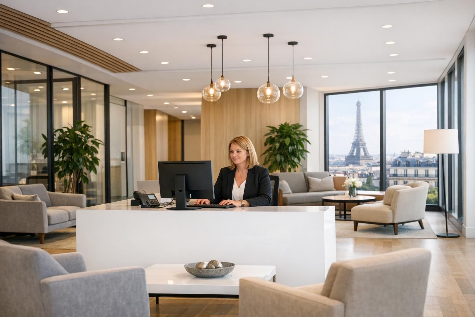 Standard téléphonique virtuel en PME Accueil d'un bureau moderne avec gestion des appels sur ordinateur