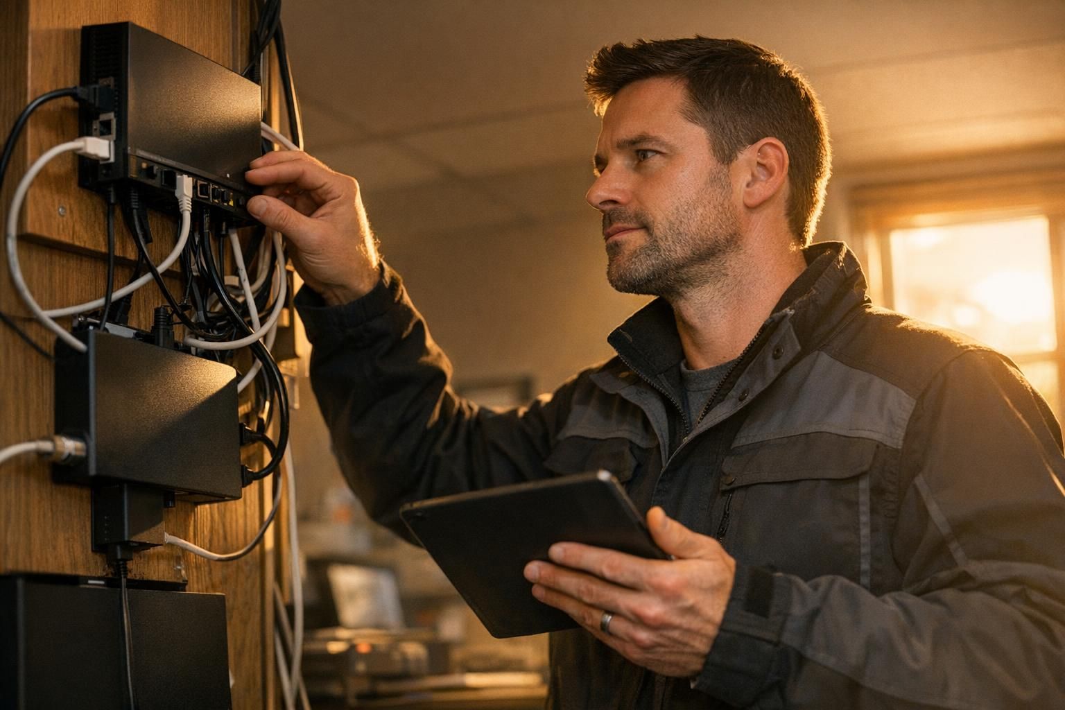 Technicien vérifiant l'installation réseau d'une connexion Starlink en entreprise
