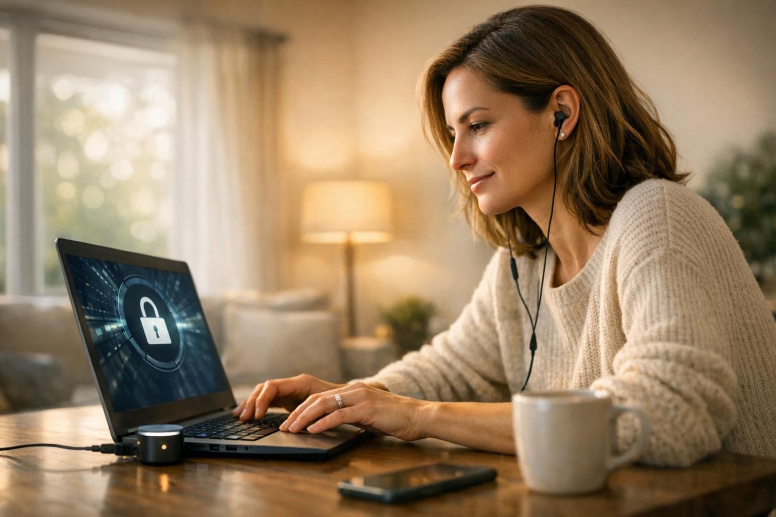Salariée en télétravail connectée à son entreprise via un VPN sécurisé