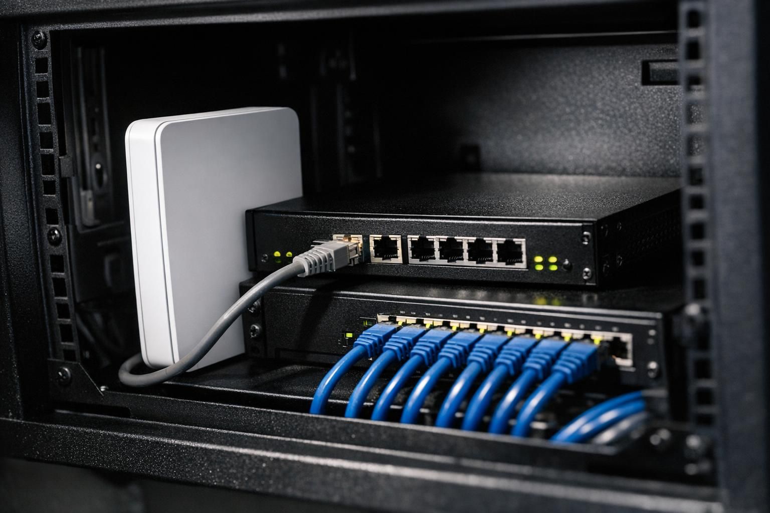 Routeur Starlink relié à un pare-feu et un switch dans une baie réseau
