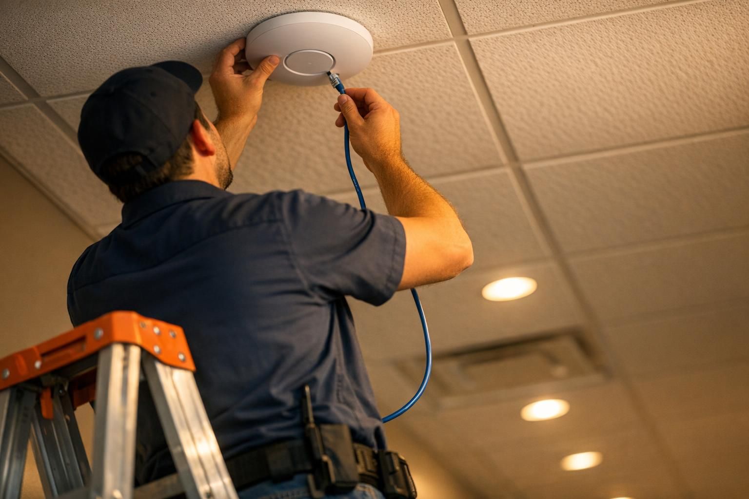 Technicien installant une borne WiFi professionnelle au plafond d'un bureau