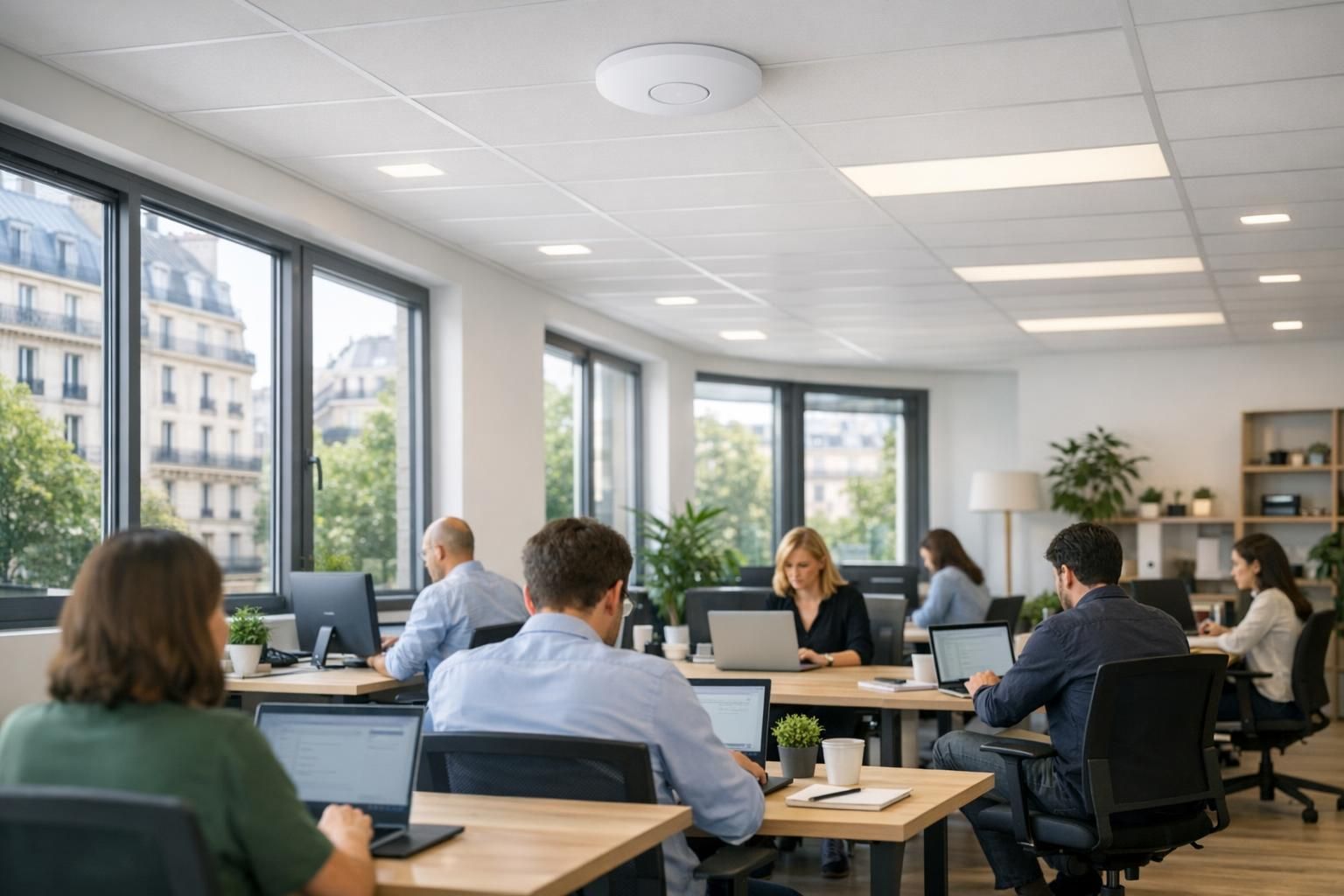 routeur-starlink-entreprise-featured Open space de PME équipé d’une borne WiFi professionnelle au plafond