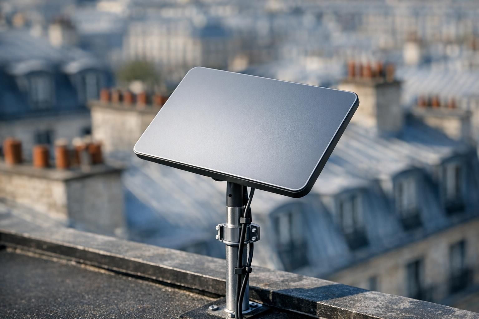 Antenne Starlink Standard fixée sur un mât, sur un toit parisien