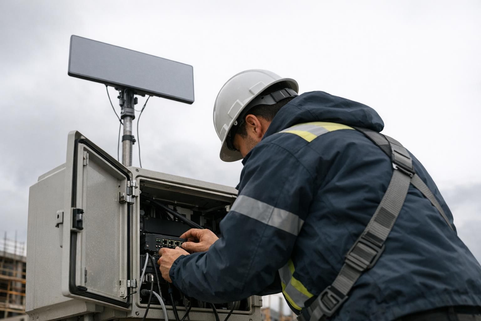 Technicien raccordant une antenne Starlink au réseau d'un chantier