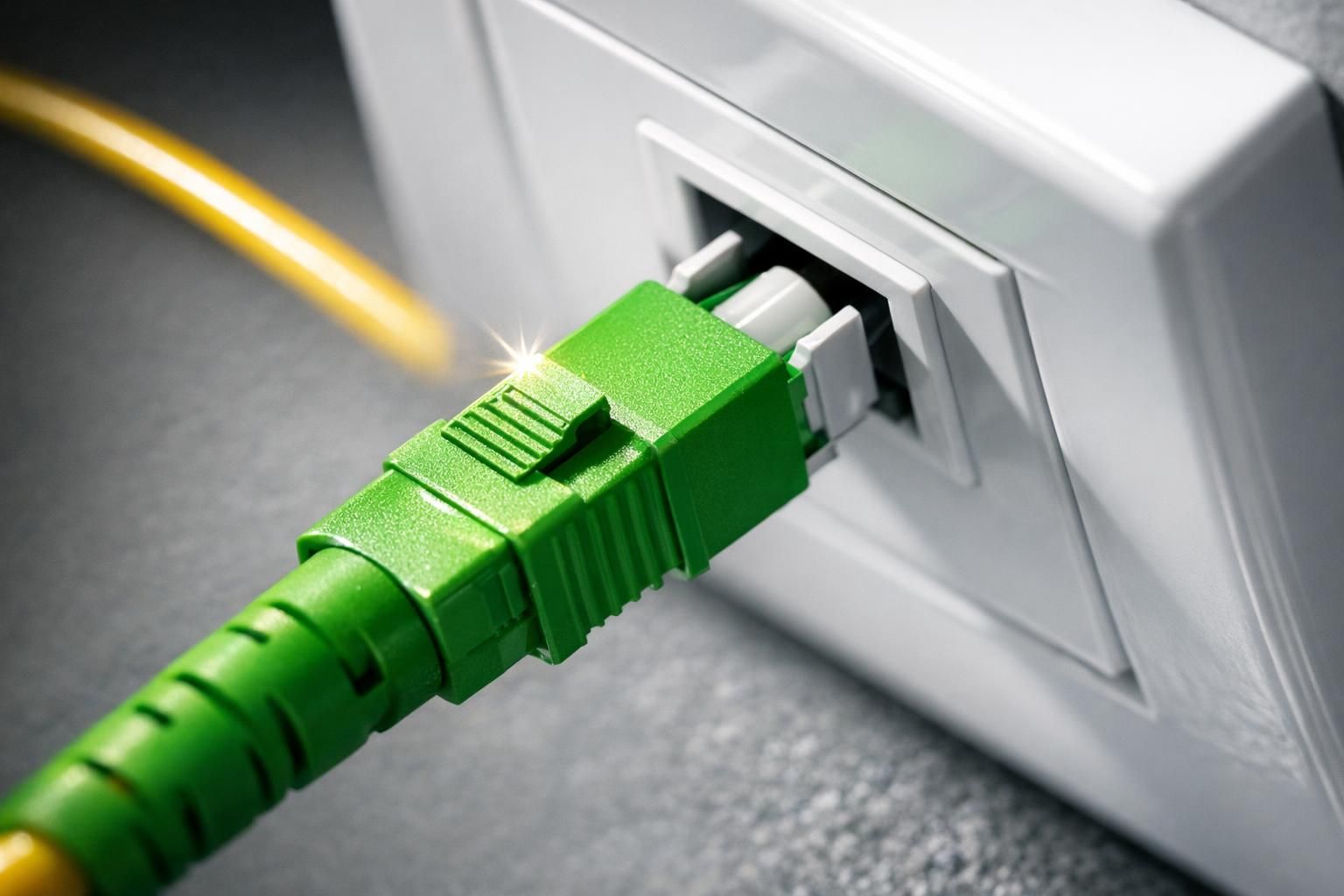 Câble de fibre optique branché sur une prise optique dans un bureau