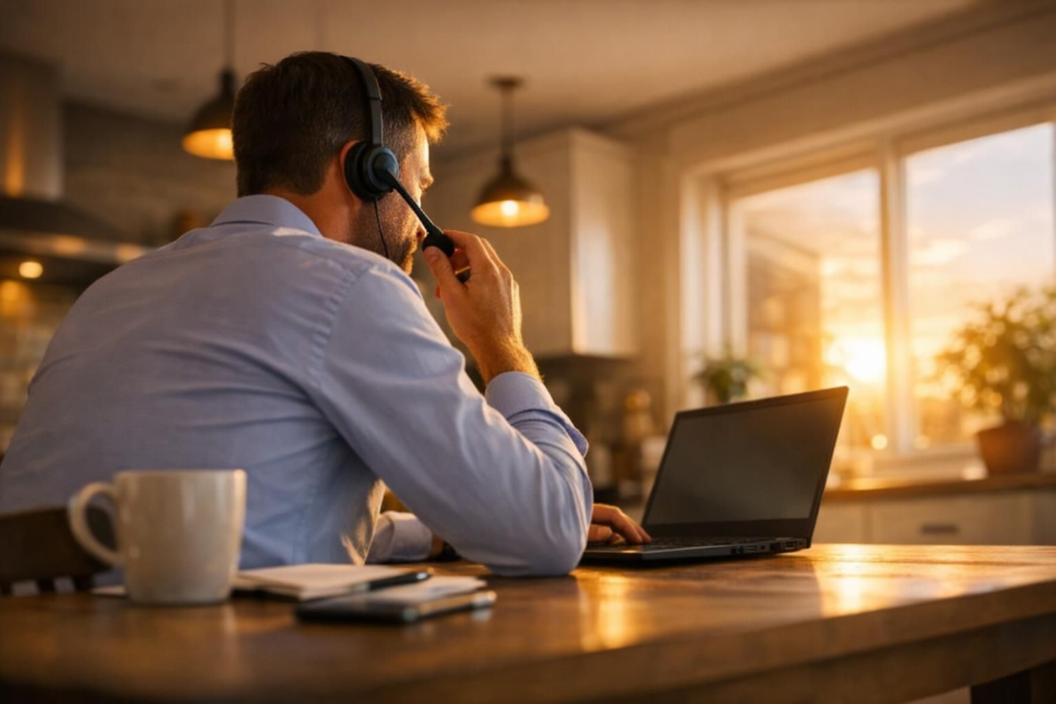 Manager en télétravail passant un appel professionnel avec casque depuis chez lui