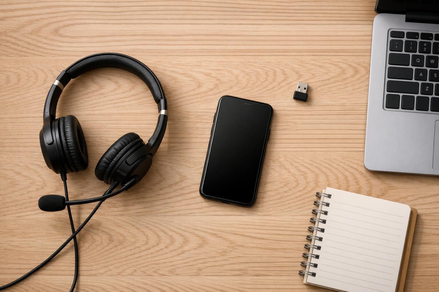 Casque professionnel, smartphone et ordinateur pour la téléphonie en télétravail