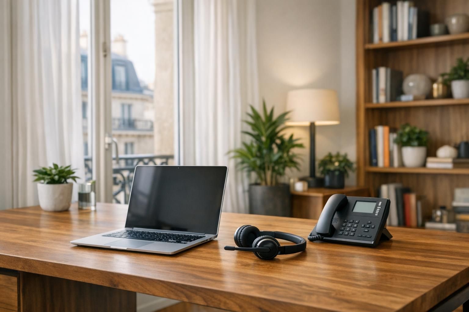 telephonie-teletravail-featured Poste de télétravail avec ordinateur, casque et téléphone IP à domicile